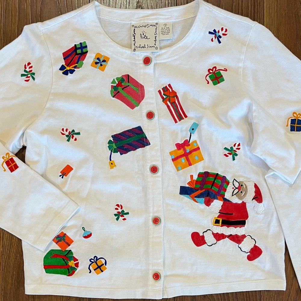 Michael Simon Lite Women’s Small White Christmas Cardigan All Over Print Vintage